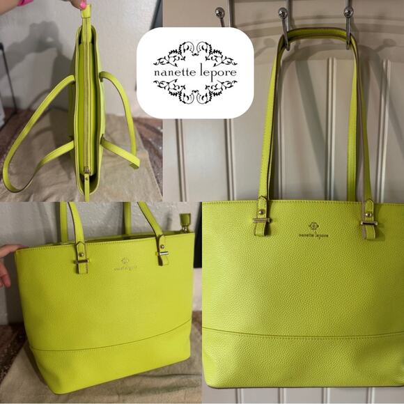NANETTE LEPORE Bright Lime Tote Purse, Dual Straps, Pebbled Leather - Picture 1 of 16